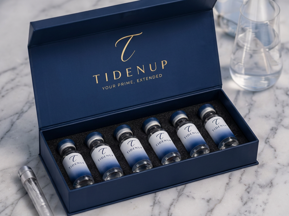 A navy TidenUp presentation box holding six glass peptide vials with ombré navy-to-white labels